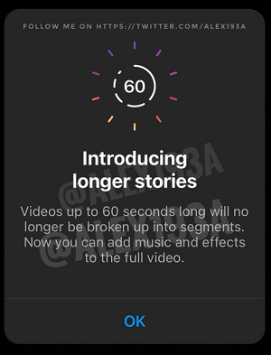 Instagram 60 Second stories notification